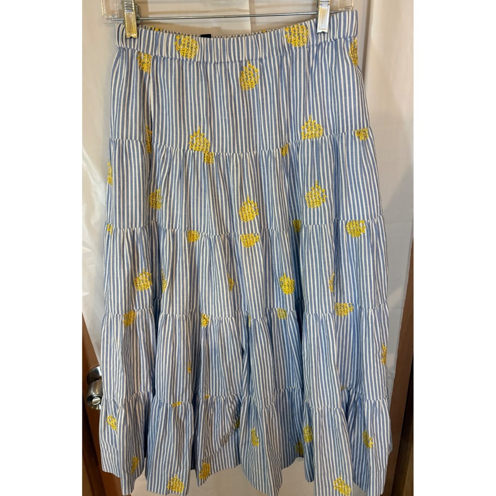 J. Crew Pineapple Embroidered Tiered Maxi Skirt XS Blue White Seersucker Stripe